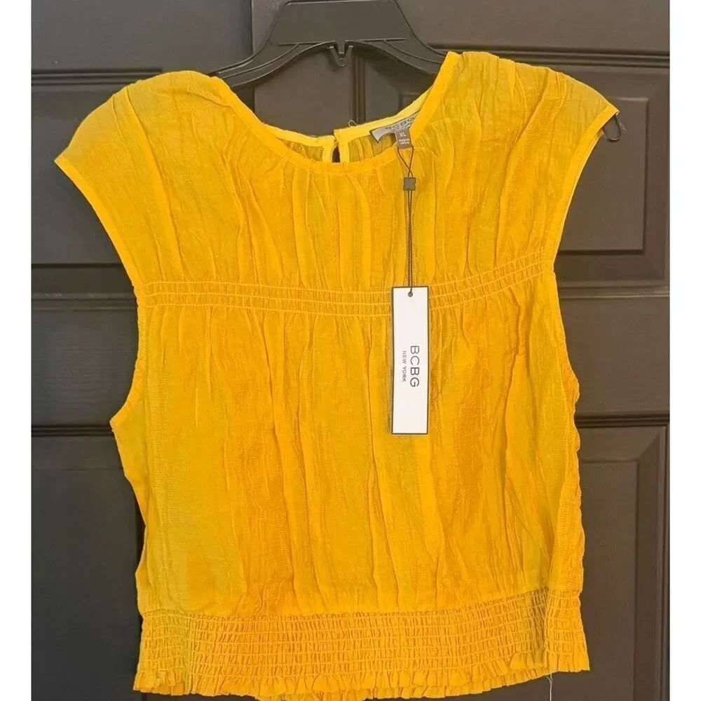 BCBG Women's Sleeveless Crew Neck Smocked Waist Blouson Top XL